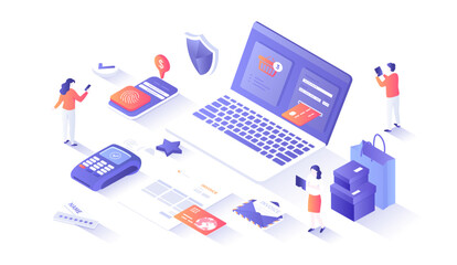 Online Payment. Paying bill, invoice, shopping online, e-commerce market. Сredit card transaction, money transfer with laptop. Isometry illustration with people scene for web graphic.