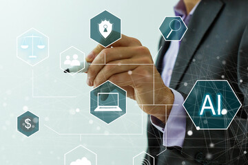 Poster - Hand touching digital chatbot for provide access to information and data in online network, robot application and global connection, AI, Artificial intelligence, innovation and technology