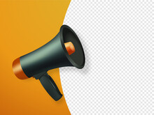 Vector Realistic 3d Simple Black Megaphone With Speech Buble On Orange Background. Design Template, Banner, Web. Speaker Sign With Place For Text, Copy Space. Announcement, Attention Concept