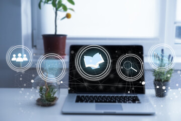 Poster - laptop computer and tablet in modern office with virtual icon diagram