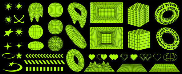 Wall Mural - rave psychedelic retro futuristic set in trendy y2k style. surreal geometric shapes, and patterns, w