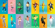 Set Of Full Length Shots Of Happy Young People Over Colorful Backgrounds