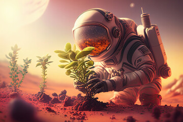 Wall Mural - alone astronaut in space suit seedling plant on surface of red planet. space exploration, colonizati