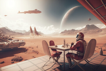 Wall Mural - astronaut in spacesuit is having breakfast on surface of red planet. astronaut is resting during the
