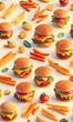 Burgers and Fries, fast food, realistic delicious style. Tiled Seamless Background, Generative AI.
