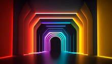 3d Render, Abstract Geometric Tunnel With Rainbow Neon. Empty Room With Laser Linear Shape Glowing In The Dark