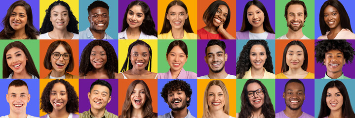 Sticker - Closeup portraits of positive multiracial young people over various backgrounds