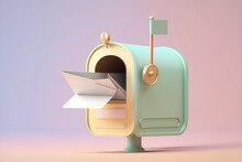 Creative Smartphone Mailbox With Paper Mail On Pastel Background. AI Generation