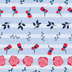 Wall Mural - Vector roses seamless pattern design illustration on stripes