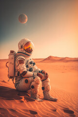 Wall Mural - Astronaut in planet Mars sitting contemplating the view made with Generative AI.