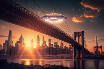 Sticker - UFO flying over New York City Brooklyn Bridge at sunset. Surveillance concept - Generative AI