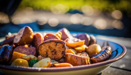 Sticker -  a bowl of cooked vegetables on a wooden table top with a blurry background of the bowl in the background is a blurry image of a blurry background.  generative ai