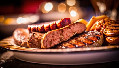 Poster -  a plate of sausages, potatoes, and meats on a table with a lit candle in the backgroup of the picture.  generative ai