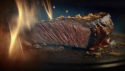 Poster -  a piece of steak is being cooked on a grill with a flame coming out of the top of it and on the side of the plate.  generative ai