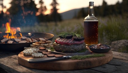 Poster -  a grill with a bottle of wine and a plate of food next to it on a wooden table with a fire in the background and grass.  generative ai