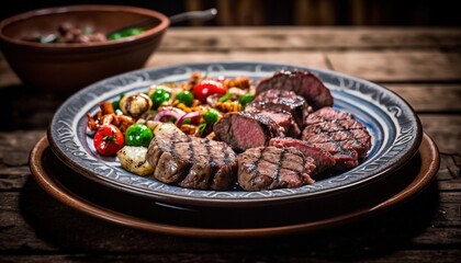 Sticker -  a plate of steak and vegetables on a wooden table next to a bowl of peppers and a bowl of chilis on a wooden table.  generative ai