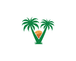 Wall Mural - Letter V with coconut and palm tree  logo design. Sun, summer and beach tree unique vector illustration.