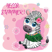 Cute Zebra In Hula Dancer Costume, Hawaii, Child Character. Summer Holidays, Vacation