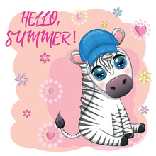 Cute Zebra In A Beach Hat, Childish Character. Animal In Summer Clothes. Summer Holidays, Vacation