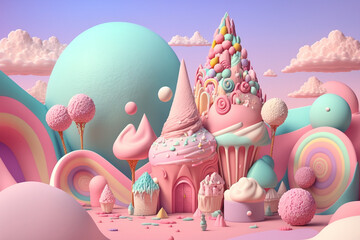 Wall Mural - Cupcake Candyland Houses. 3D Render, Generative Ai.