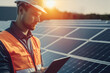 Engineer uses their tablet to track the performance of the solar panels power plant on a sunset. Clean, renewable energy concept. Generative AI