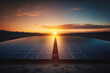 Landscape of hundreds solar panels power plant on sun rise. Photovoltaic cells farm using renewable solar energy with sun. Concept of sustainable resources. Generative AI