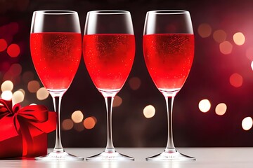 Champagne Toast For The Saint ValentineS Romantic Dinner Or Wedding , Two Glasses, Shiny Red Bokeh Background, Copy Text Space. Generative AI