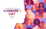 Fototapeta Dinusie - International Women's Day banner concept. Vector modern flat illustration of a silhouette of a female portrait in profile against a background of a pattern of diverse female figures