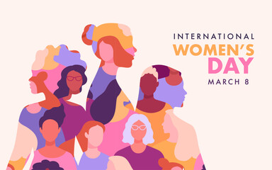 Wall Mural - International Women's Day banner concept. Vector flat modern illustration of three female silhouettes of different nationalities, consisting of a pattern of abstract diverse female portraits