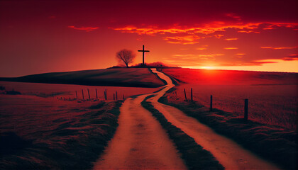 Poster - Christian cross at the end of the road at sunset, AI generative