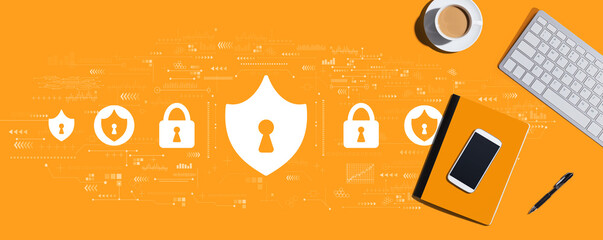 Poster - Cyber security theme with a computer keyboard and office items