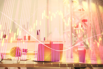 Aufkleber - Double exposure of stock market graph drawing and office interior background. Concept of financial analysis.