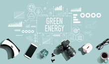 Green Energy Concept With Electronic Gadgets And Office Supplies - Flat Lay