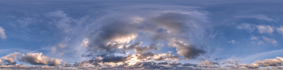 Wall Mural - evening sky with cumulus clouds as seamless hdri 360 panorama with zenith in spherical equirectangul