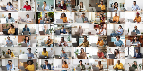 Poster - Multiethnic people using laptop, mosaic of candid photos, collage