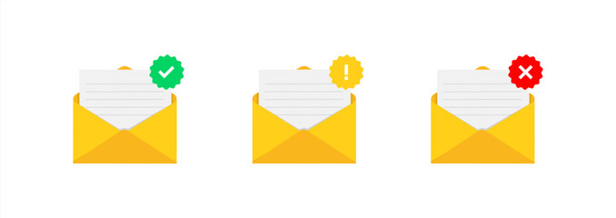 Poster - Envelopes with document and round green check mark icon. Successful e-mail delivery, email delivery confirmation, successful verification concepts. Modern flat illustration design icon 10 eps
