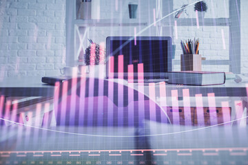 Poster - Double exposure of financial graph drawing and office interior background. Concept of stock market.