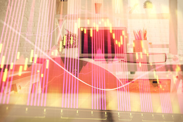 Aufkleber - Double exposure of financial graph drawing and office interior background. Concept of stock market.