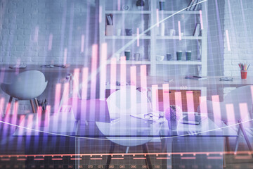 Poster - Double exposure of financial graph drawing and office interior background. Concept of stock market.