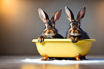 Wall Mural - Two Cute Baby Brown Rabbit In The Bathtub, Blurred Light Yellow Background. Generative AI
