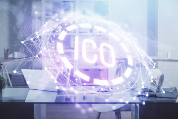 Aufkleber - Double exposure of crypto technology theme drawing and office interior background. Concept of blockchain.