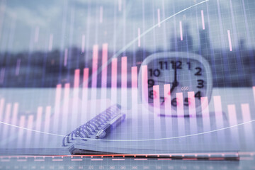 Poster - Multi exposure of financial graph drawings and desk with open notebook background. Concept of forex