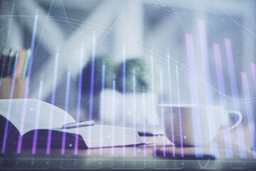 Aufkleber - Multi exposure of forex graph drawing and desktop with coffee and items on table background. Concept of financial market trading