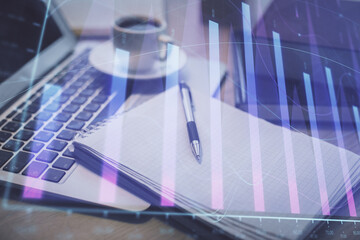 Aufkleber - Double exposure of forex chart drawing and desktop with coffee and items on table background. Concept of financial market trading