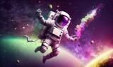 Fototapeta Kosmos -  an astronaut floating in space with planets and stars in the background, with a rainbow colored sky and stars in the foreground, and a distant planet in the foreground.  generative ai
