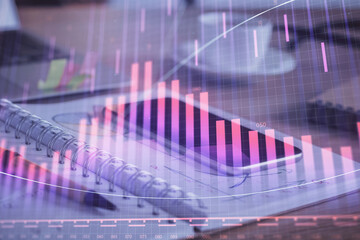 Poster - Double exposure of forex chart drawing and cell phone background. Concept of financial data analysis