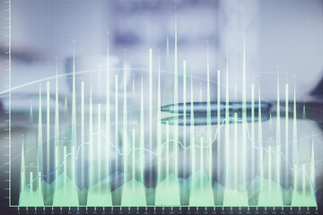 Poster - Double exposure of forex chart over coffee cup background in office. Concept of financial analysis and success.