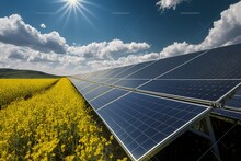 Solar Power Plant On Rape Field. Energy Generation, Electric Panels, AI Generative