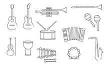 Musical Instruments Line Set. Collection Of Graphic Elements For Website. Guitar, Cello, Drum And Saxophone. Trumpet And Tambourine. Cartoon Flat Vector Illustrations Isolated On White Background