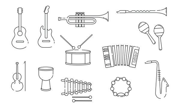 musical instruments line set. collection of graphic elements for website. guitar, cello, drum and sa